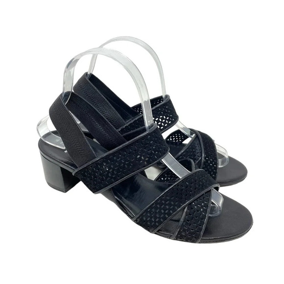 Aquatalia Cameo Block Heel‎ Sandals Strappy Perforated Leather Black Size US 8.5 - Picture 1 of 10